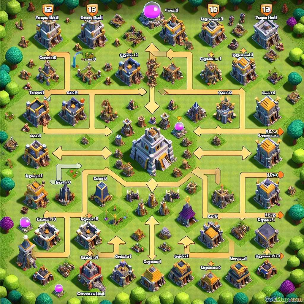 Najlepsza kolejność ulepszeń od poziomu Siedziby Miasta 10 do 14 dla szybszego postępu