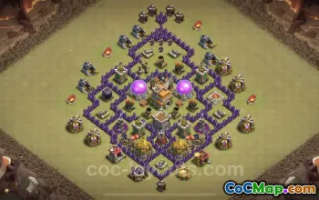 Top TH7 Anti 3 Stars Hybrid War Base with Link - COC #24177
