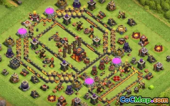 Top Town Hall 10 COC基础布局：混合动力，战争，奖杯地图＃10314