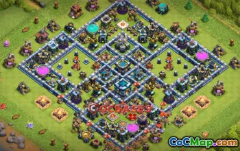 Top Town Hall 13 Hybrid Base - Compact & Anti Queen Walk #21787