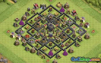 TOP TOWN HALL 9 ბაზის განლაგება COC– ისთვის - მეურნეობისა და ტროფის რუქები #11658